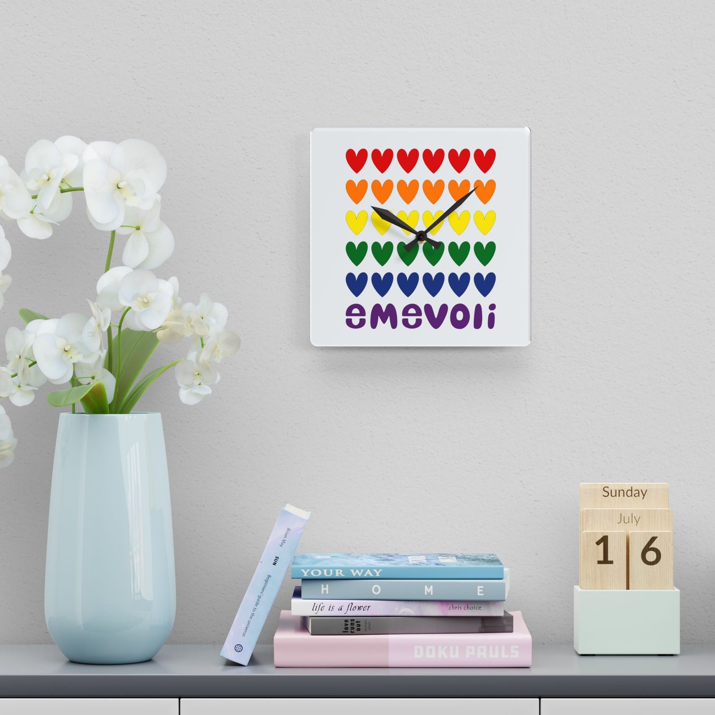 emevoli | Acrylic Square Wall Clock | Hearts with Pride Flag Colors