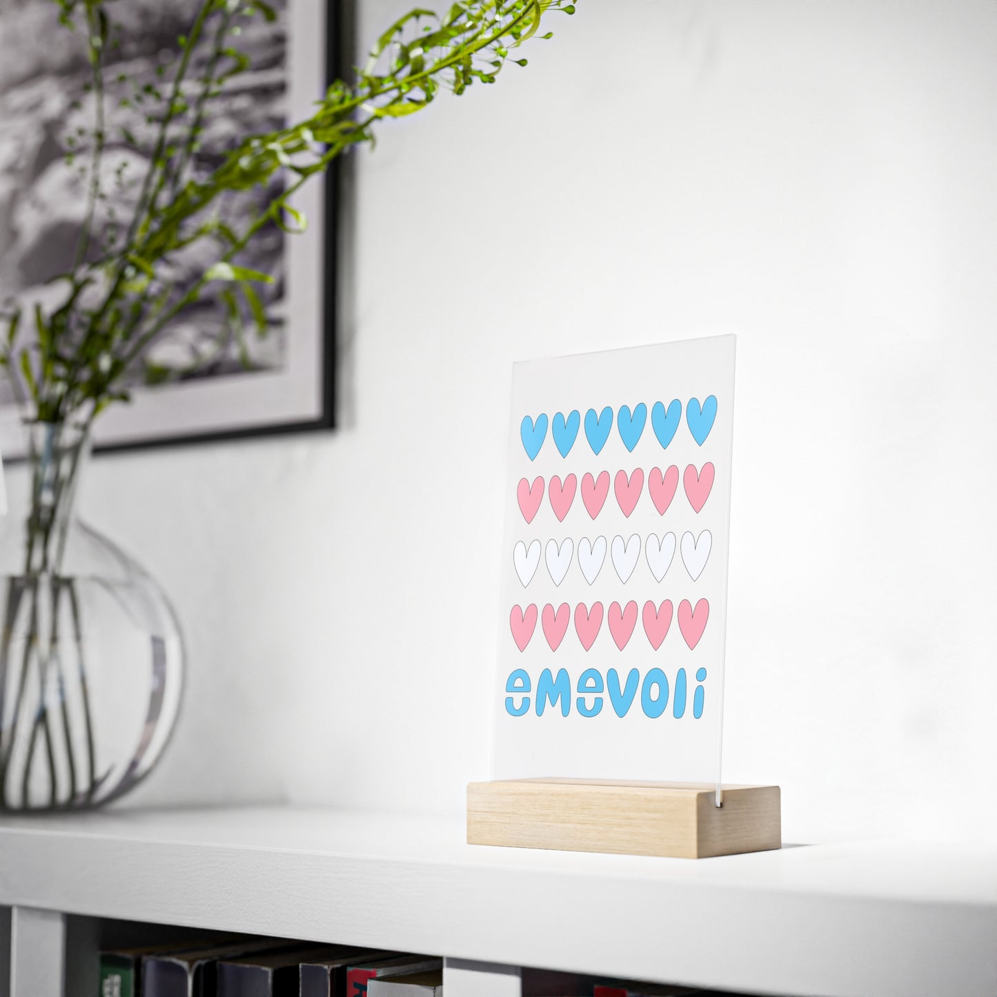 emevoli | Acrylic Sign with Wooden Stand | Trans Flag Colors