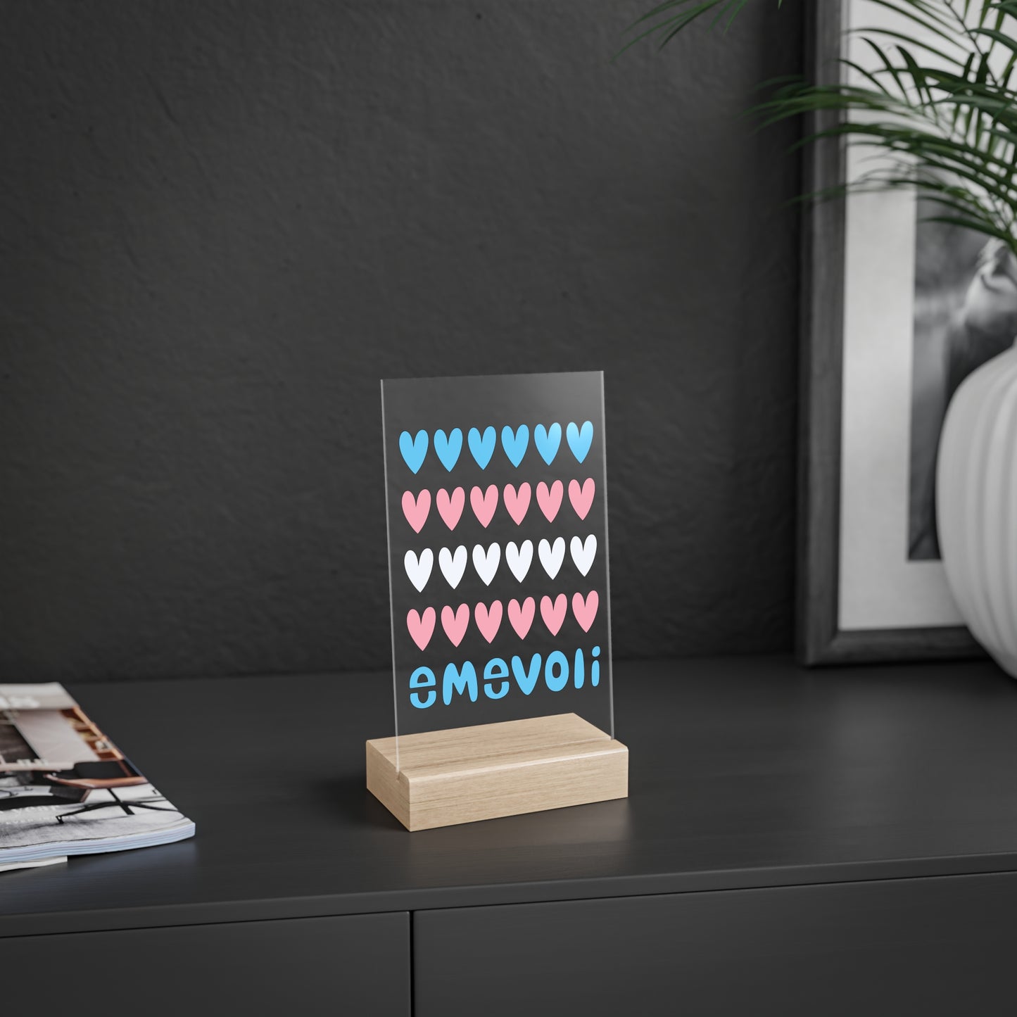 emevoli | Acrylic Sign with Wooden Stand | Trans Flag Colors