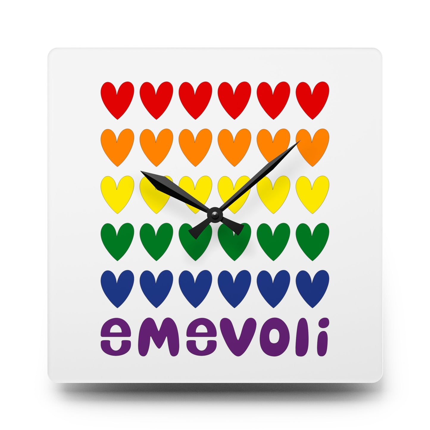 emevoli | Acrylic Square Wall Clock | Hearts with Pride Flag Colors