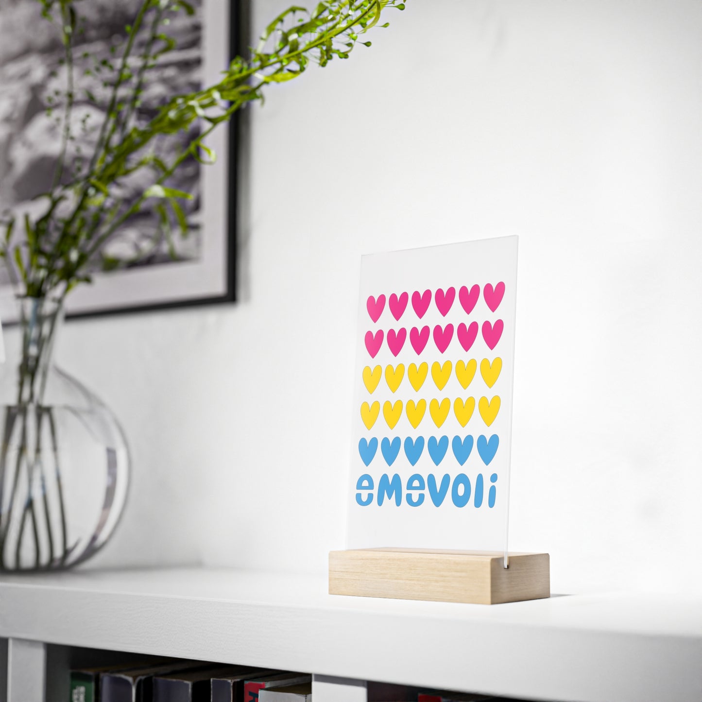 emevoli | Acrylic Sign with Wooden Stand | Pansexual Flag Colors