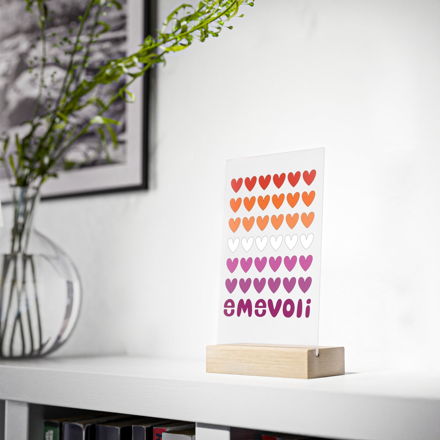 emevoli | Acrylic Sign with Wooden Stand | Lesbian Flag Colors