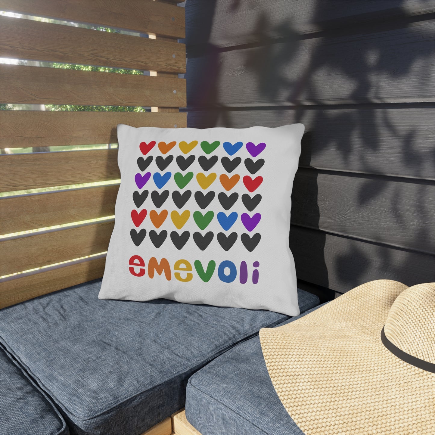 emevoli | Outdoor Pillow | 16x16 | Rainbow Hearts