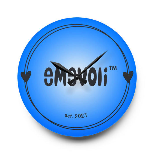 emevoli | Acrylic Wall Clock | Blue with Black Logo