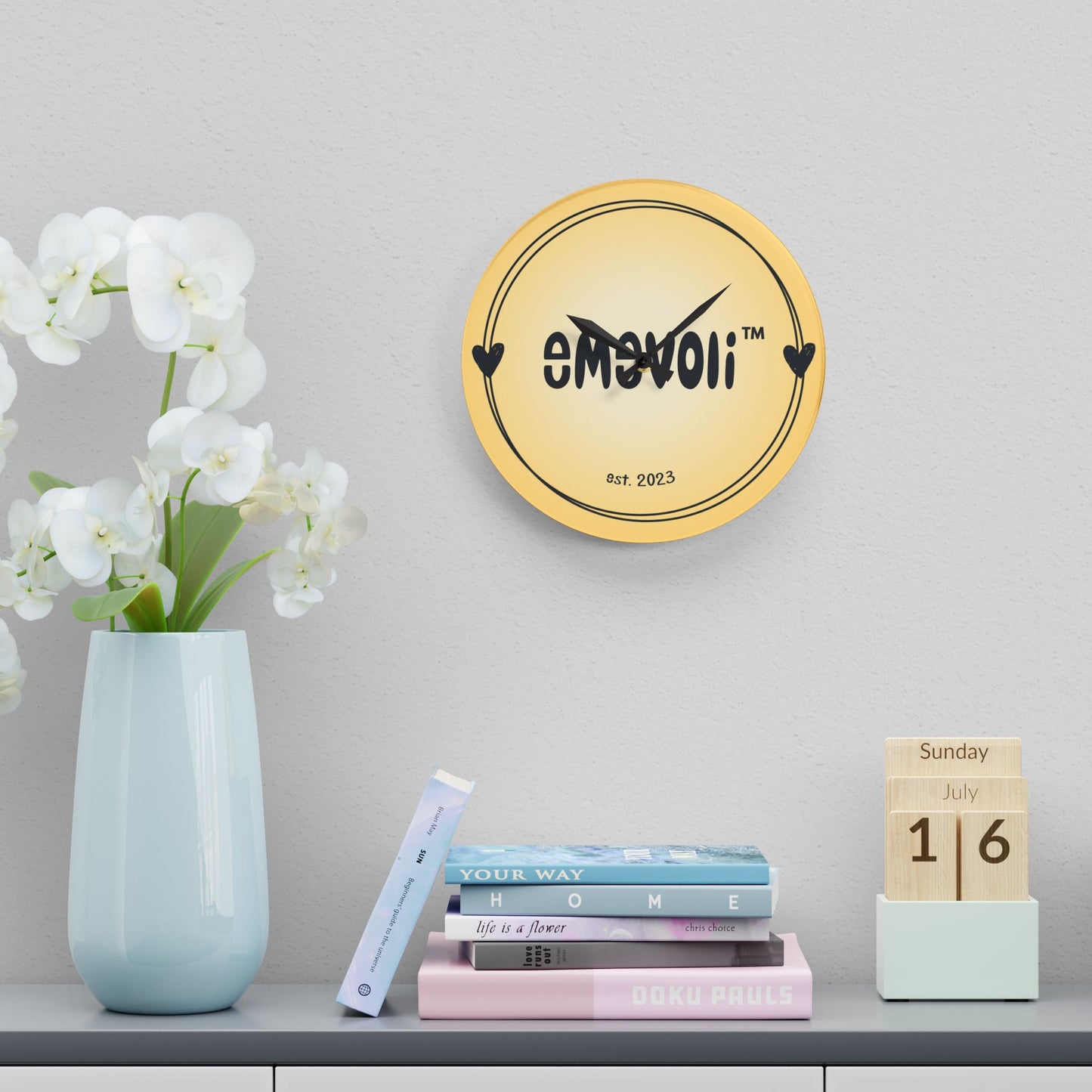 emevoli | Acrylic Wall Clock | Yellow with Black Logo