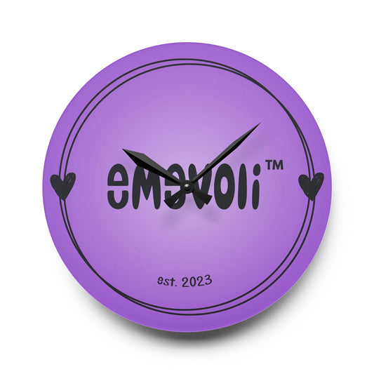 emevoli | Acrylic Wall Clock | Purple with Black Logo