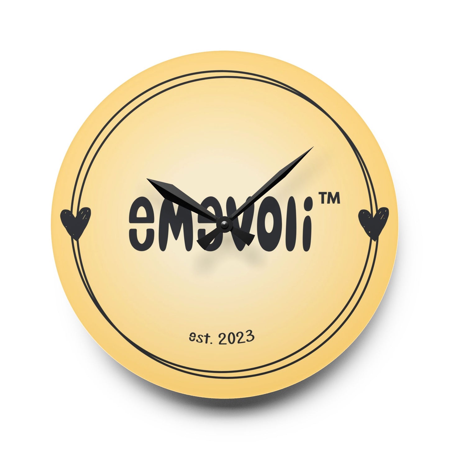 emevoli | Acrylic Wall Clock | Yellow with Black Logo