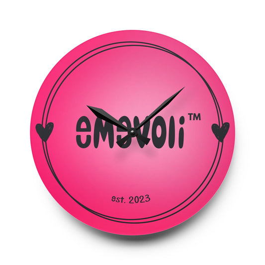 emevoli | Acrylic Wall Clock | Pink with Black Logo