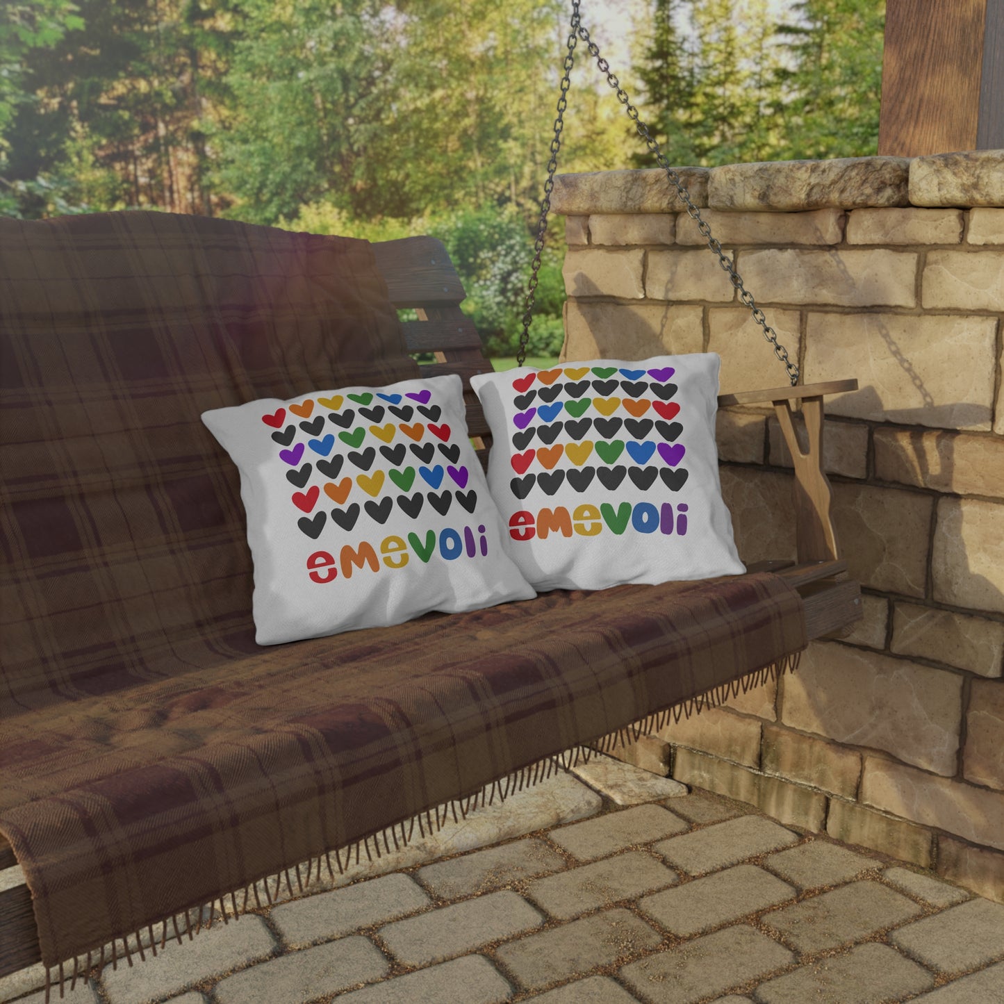 emevoli | Outdoor Pillow | 16x16 | Rainbow Hearts