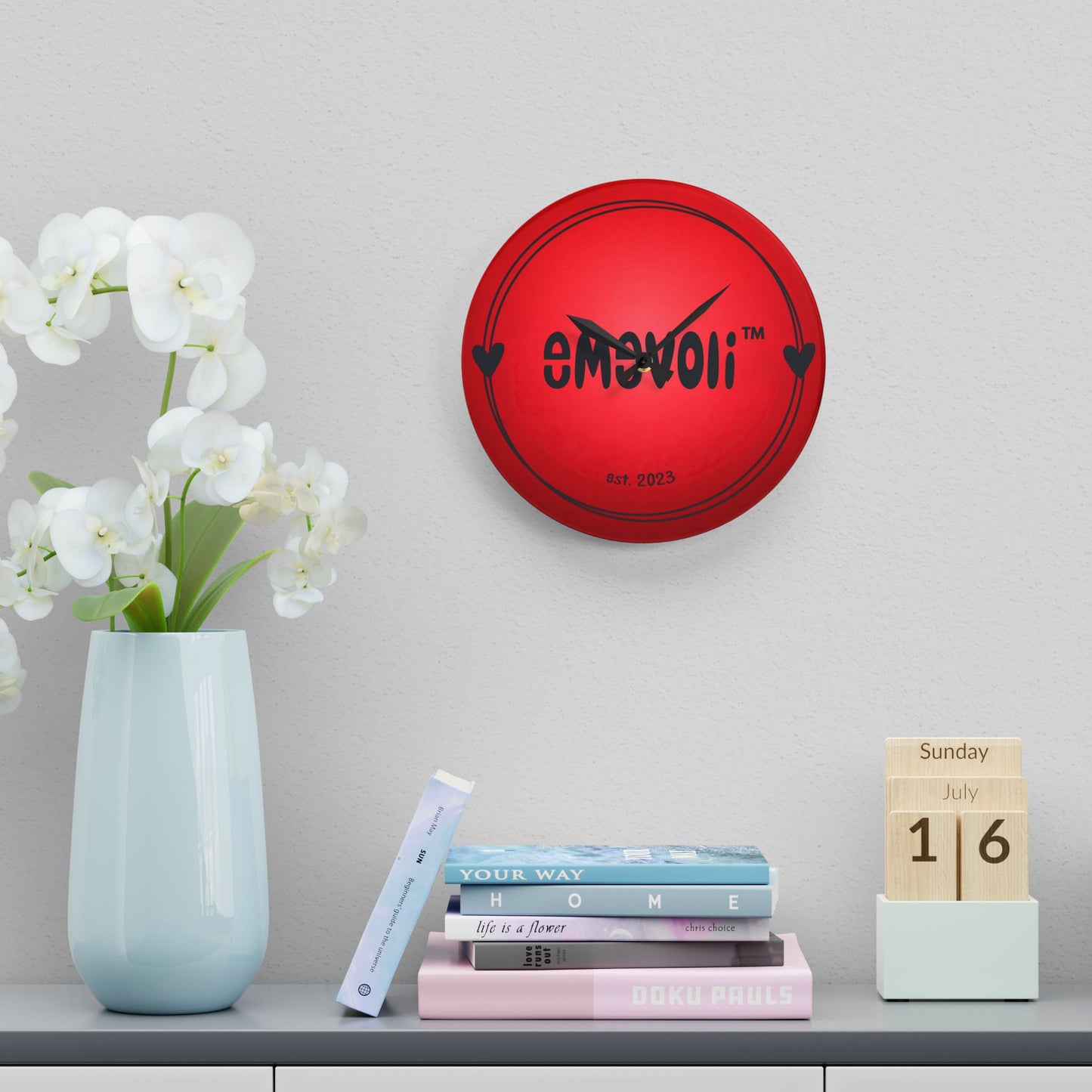 emevoli | Acrylic Wall Clock | Red with Black Logo