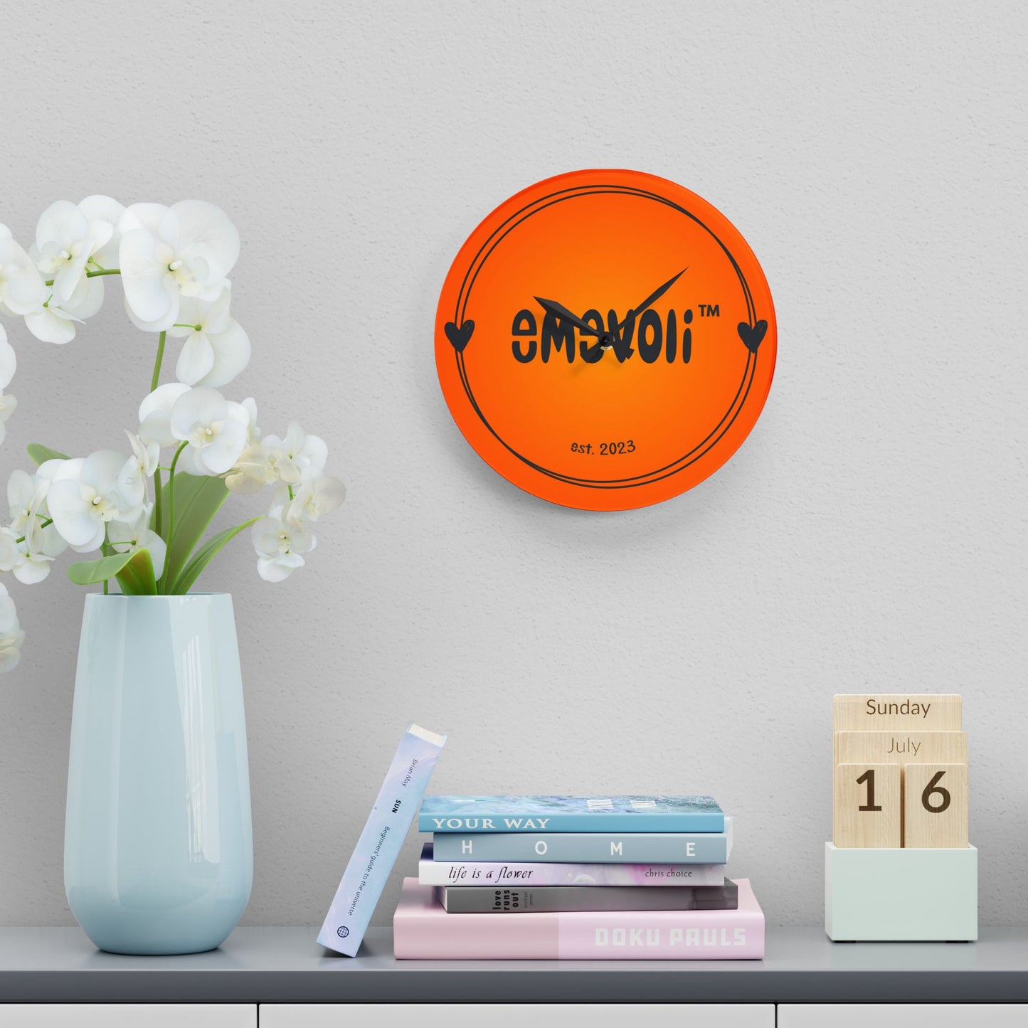 emevoli | Acrylic Wall Clock | Orange with Black Logo