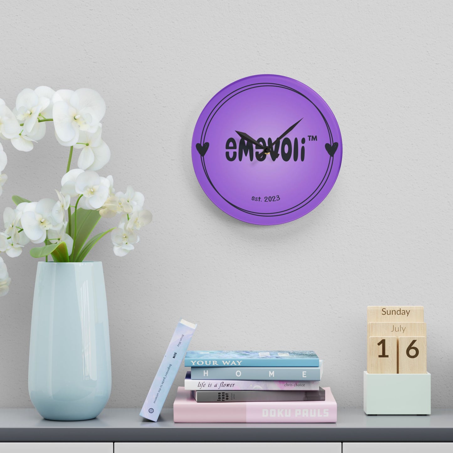 emevoli | Acrylic Wall Clock | Purple with Black Logo