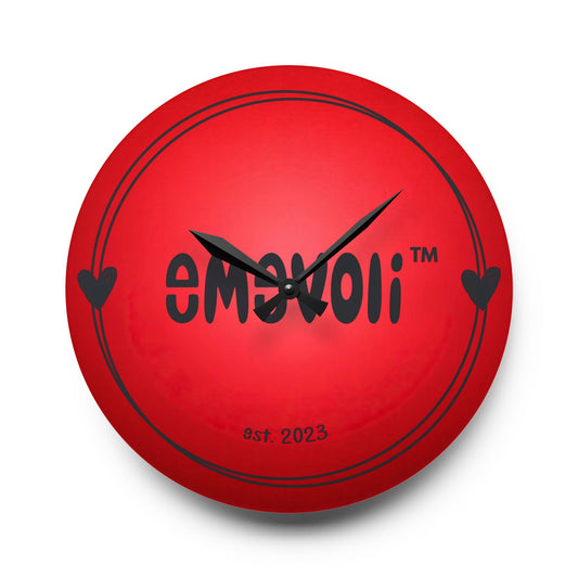 emevoli | Acrylic Wall Clock | Red with Black Logo