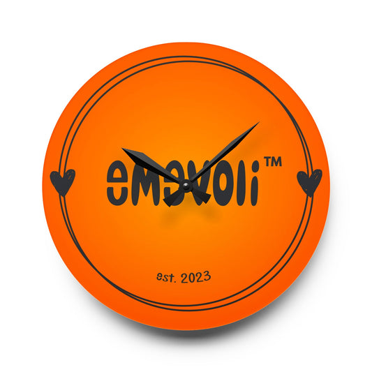 emevoli | Acrylic Wall Clock | Orange with Black Logo