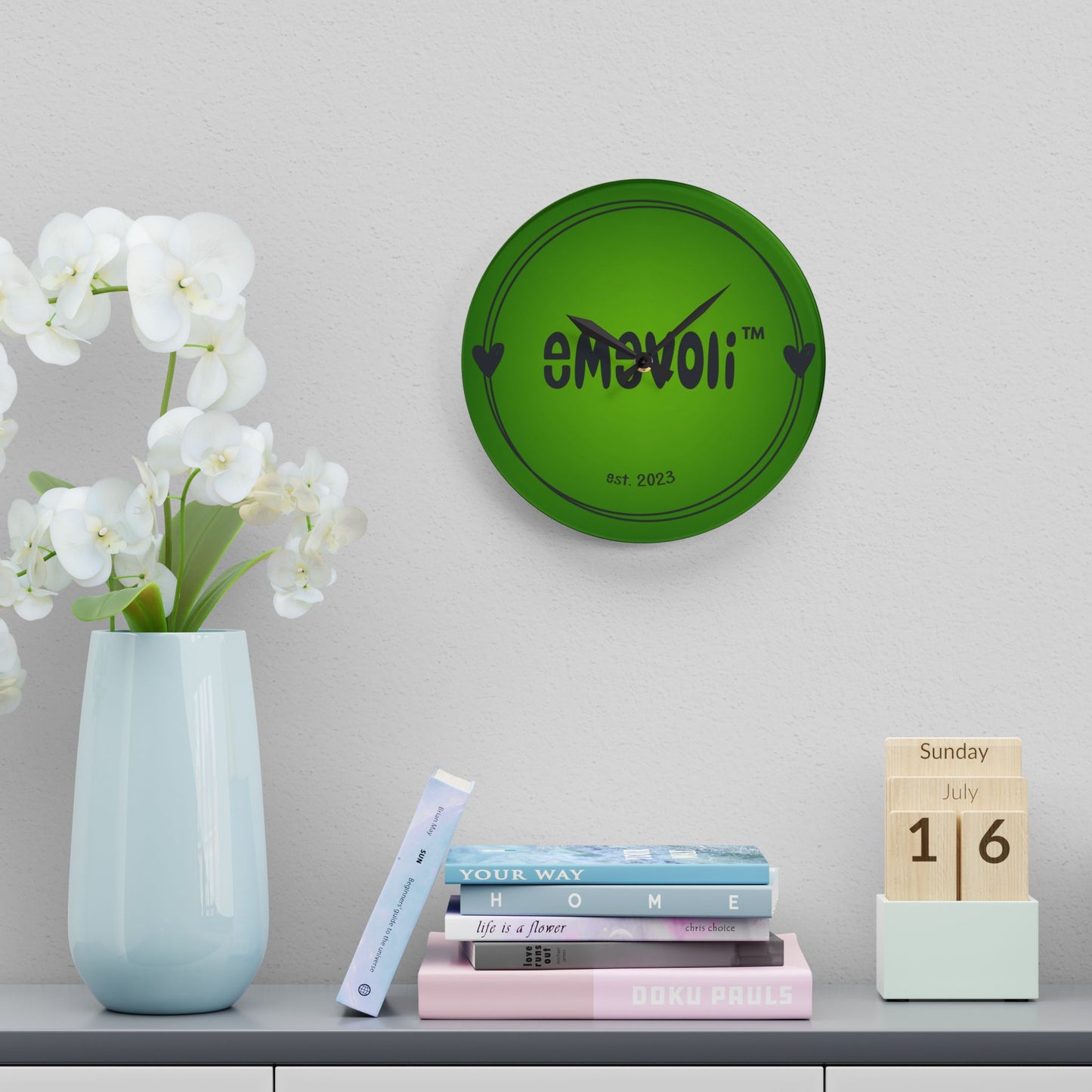 emevoli | Acrylic Wall Clock | Green with Black Logo