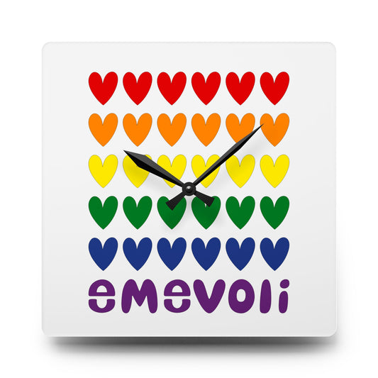 emevoli | Acrylic  Square Wall Clock | Hearts with Pride Flag Colors