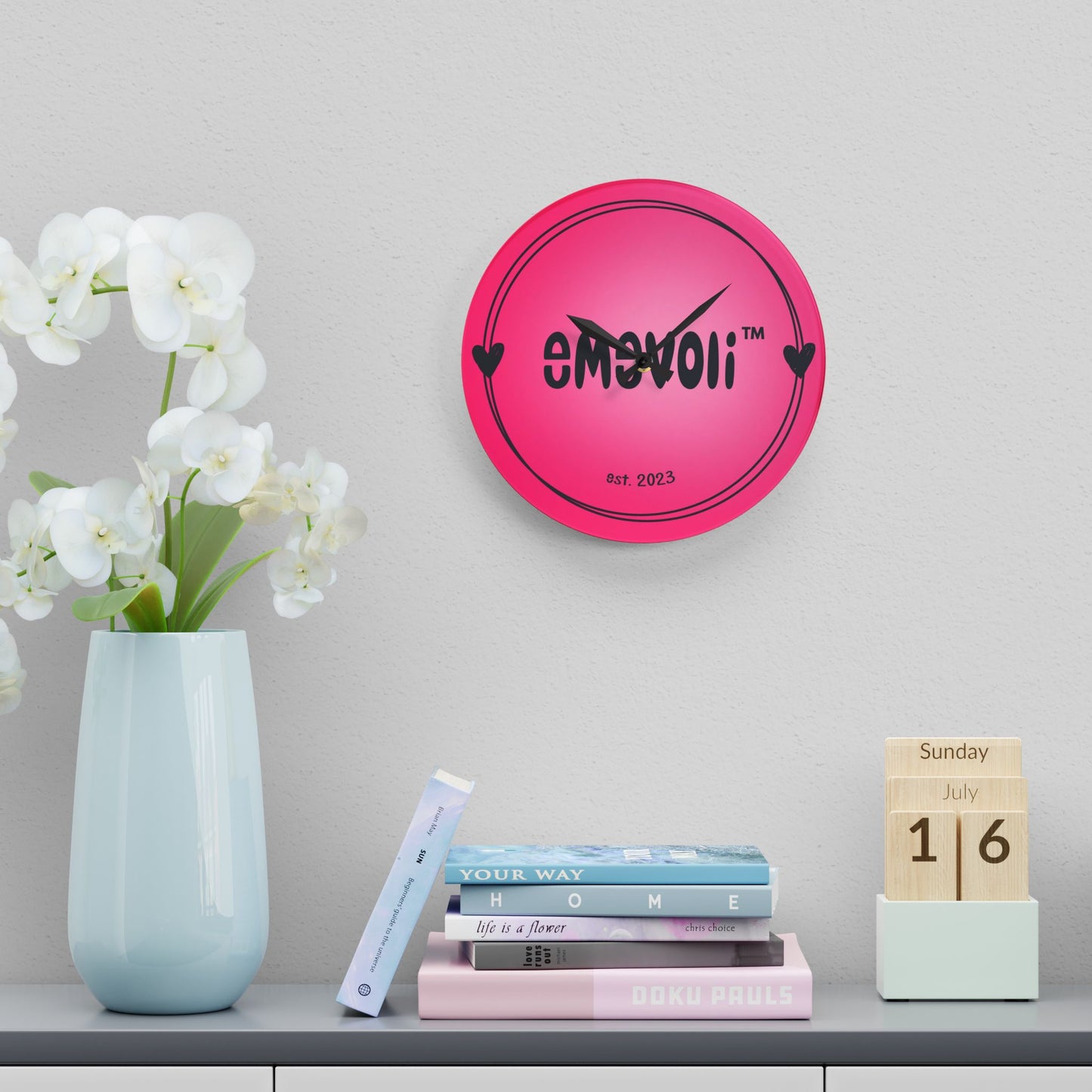 emevoli | Acrylic Wall Clock | Pink with Black Logo