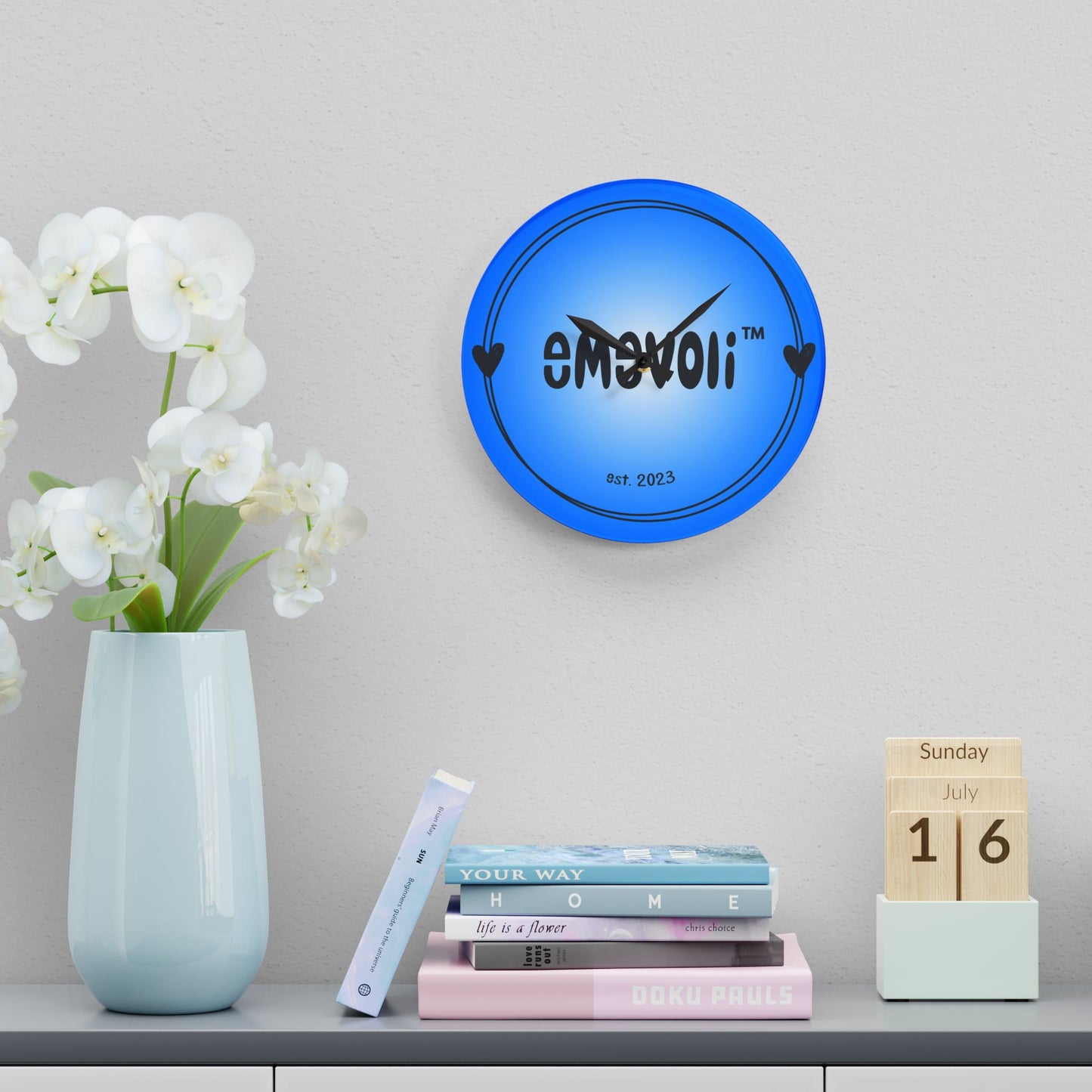 emevoli | Acrylic Wall Clock | Blue with Black Logo