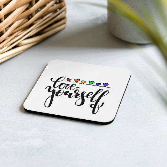 Love yourself | Rainbow | Hearts | Cork-back coaster